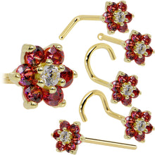 Load image into Gallery viewer, Solid 14K Yellow Gold Red and Clear Cubic Zirconia Flower Nose Ring
