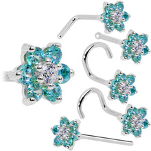 Load image into Gallery viewer, Solid 14K White Gold Mint Green and Clear Cubic Zirconia Flower Nose Ring
