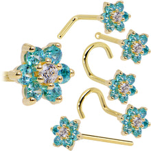 Load image into Gallery viewer, Solid 14K Yellow Gold Mint Green and Clear Cubic Zirconia Flower Nose Ring
