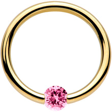 Load image into Gallery viewer, 16G 3/8 Solid 14k Yellow Gold 3mm Pink Cubic Zirconia Tension Captive Ring
