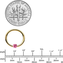 Load image into Gallery viewer, 16G 3/8 Solid 14k Yellow Gold 3mm Pink Cubic Zirconia Tension Captive Ring
