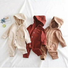 Load image into Gallery viewer, Newborn Clothing Solid Long Sleeve Hooded Button Pockets Romper Winter Warm Jumpsuit for Girls and Boys
