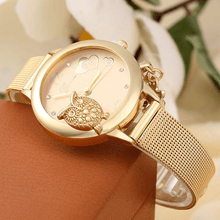 将图片加载到图库查看器，STEVVEX Gold  Watch Brand Quartz Women Rose Gold Stainless Steel Mesh Belt Ladies Wristwatch Female Clock Owl (Gold) For Women and Girls
