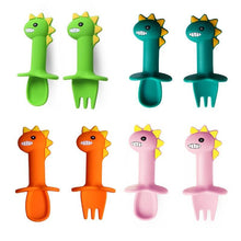 Load image into Gallery viewer, New Baby Feeding Spoon Fork Set Short Easy  Cartoon Dinosaur Soft Silicone  Teether Toys Non-hurt Training Tableware
