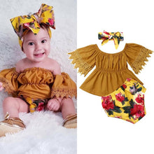 Load image into Gallery viewer, Elegant Luxury Floral Newborn Baby Girl Toddler Outfits Off shoulder Solid Tops Floral Short Pant Headband Bow Set For Baby Girls
