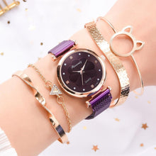 将图片加载到图库查看器，Fashion Set Women Watches Luxury Magnet Buckle Flower Rhinestone Watch Ladies Quartz Wrist Watch  WIth Bracelet In Set For Women and Girls
