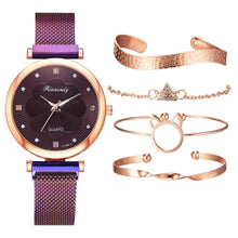 将图片加载到图库查看器，Fashion Set Women Watches Luxury Magnet Buckle Flower Rhinestone Watch Ladies Quartz Wrist Watch  WIth Bracelet In Set For Women and Girls
