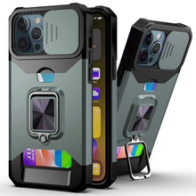 将图片加载到图库查看器，Slide Camera Cover Kickstand Card Wallet Case for iPhone11 X XS 8  Shockproof Protective Phone Case  Wallet Case for iPhone With Sliding Camera Case With Kickstand Magnetic Adjustable Ring Holder
