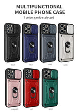 将图片加载到图库查看器，Heavy Duty Armor Case Card Pocket for iPhone 11 Pro 7 8 Plus Magnetic Phone Holder Cover Slide Lens Protection Design Card Holder Slot With Rotating Ring Armor Bumper Shockproof Case
