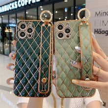 Load image into Gallery viewer, Luxury Blue Pink Gold Color Plating Soft Case Cell Phone Case For iPhone 11 12 13 Pro Max XS Max XR X 8 7 Plus Luxury Wrist Strap Plating Frame Geometric Soft Covers Bumper Iphone Case
