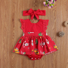 Load image into Gallery viewer, Baby Girls  Bodysuits Dress Lace Ruffles Short Sleeve Cartoon Print Jumpsuits Headband
