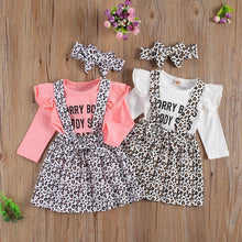 Load image into Gallery viewer, Baby Girl Dress Set Round Neck Long Sleeve Letter Printed Romper Leopard Bow Short Suspender Skirt Headband
