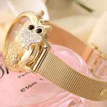 将图片加载到图库查看器，STEVVEX Gold  Watch Brand Quartz Women Rose Gold Stainless Steel Mesh Belt Ladies Wristwatch Female Clock Owl (Gold) For Women and Girls
