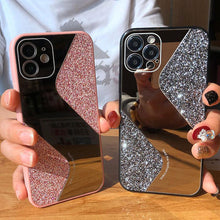将图片加载到图库查看器，Women Luxurious Glitter Makeup Mirror Phone Case For iPhone 12 11 Pro MAX X XS XR 8 7 Plus Luxury Silicone Shockproof Cover Fixed Non Moving Sparkling Shining Glitter Stars Soft Silicone Case
