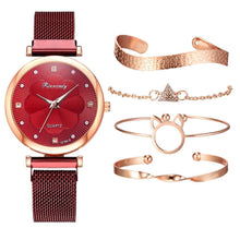 将图片加载到图库查看器，Fashion Set Women Watches Luxury Magnet Buckle Flower Rhinestone Watch Ladies Quartz Wrist Watch  WIth Bracelet In Set For Women and Girls
