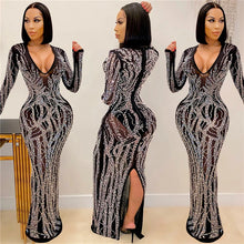 Load image into Gallery viewer, Wholesale Long Sleeve v Neck Rhinestone Party Dress Black Maxi Dress Women Evening Dresses

