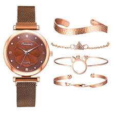 将图片加载到图库查看器，Fashion Set Women Watches Luxury Magnet Buckle Flower Rhinestone Watch Ladies Quartz Wrist Watch  WIth Bracelet In Set For Women and Girls
