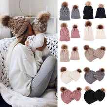 将图片加载到图库查看器，Infant Baby Boy Girl &amp; Mom Winter Knit Warm Soft Beanie Hat Hairball Cap for Adult Children Family Matching Caps Hats

