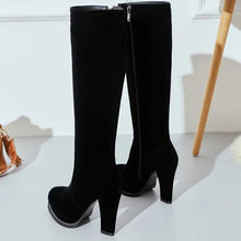 将图片加载到图库查看器，Women's Winter High Boots Fashion Flock Knee High Boots Women Knight Boots Black Thick High Heels Zipper Round Toe Ladies Shoes
