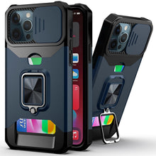 将图片加载到图库查看器，Slide Camera Cover Kickstand Card Wallet Case for iPhone11 X XS 8  Shockproof Protective Phone Case  Wallet Case for iPhone With Sliding Camera Case With Kickstand Magnetic Adjustable Ring Holder
