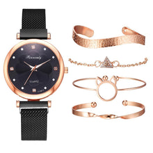 将图片加载到图库查看器，Fashion Set Women Watches Luxury Magnet Buckle Flower Rhinestone Watch Ladies Quartz Wrist Watch  WIth Bracelet In Set For Women and Girls
