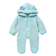 将图片加载到图库查看器，New Winter Trend Warm Newborn Baby Boy Solid Hooded Baby Romper Warm Coat Fleece Jumpsuit Infant Outwear For Boys And Girls
