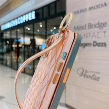 Load image into Gallery viewer, Luxury Blue Pink Gold Color Plating Soft Case Cell Phone Case For iPhone 11 12 13 Pro Max XS Max XR X 8 7 Plus Luxury Wrist Strap Plating Frame Geometric Soft Covers Bumper Iphone Case
