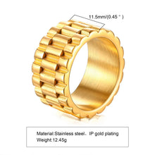 将图片加载到图库查看器，Vnox 11mm Watch Band Shaped Ring for Men, Gold Color Stainless Steel Punk Finger Band, Rock Gothic Hiphop Boy Jewelry
