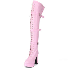 Load image into Gallery viewer, jialuowei New Wholesale Halloween costume Women's 4.5 Inch Heel over Knee Thigh High Boot with hook lace up and side zipper.
