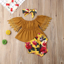 Load image into Gallery viewer, Elegant Luxury Floral Newborn Baby Girl Toddler Outfits Off shoulder Solid Tops Floral Short Pant Headband Bow Set For Baby Girls
