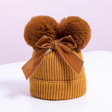 Load image into Gallery viewer, Baby Double Pompom Knitted Hat For Baby Girl Warm Thicker Children Infant Beanie Cap In elegant Winter Modern Deisgn With Big Bow
