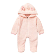 将图片加载到图库查看器，New Winter Trend Warm Newborn Baby Boy Solid Hooded Baby Romper Warm Coat Fleece Jumpsuit Infant Outwear For Boys And Girls
