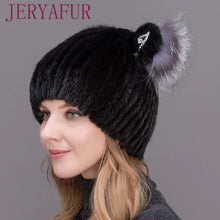 Load image into Gallery viewer, JERYAFUR Winter Women's Mink Hat Vertical Weaving Hat Genuine Natural Fox Mink Fur Cap Lovely Cat Ears Style Hats

