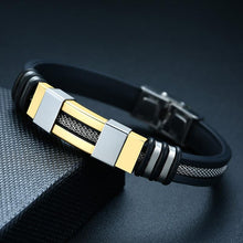 Load image into Gallery viewer, Stainless Steel Bracelet Men Wrist Band Black Grooved Rudder Silicone Mesh Link Insert Punk Wristband Stylish Casual Bangle Cool Gift
