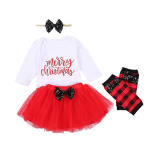 将图片加载到图库查看器，4Pcs Baby Girls Christmas Dress Set Children Long Sleeve Top  Short Skirt Hair Band And Leg Cover
