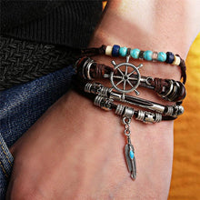 将图片加载到图库查看器，BOHO Tibet Stone Feather Multilayer Leather Bracelet Eye Fish Charms Beads Bracelets For Men Vintage Punk Wrap Wristband Cool Jewelry
