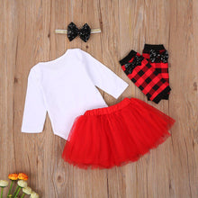 将图片加载到图库查看器，4Pcs Baby Girls Christmas Dress Set Children Long Sleeve Top  Short Skirt Hair Band And Leg Cover
