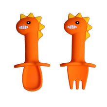 Load image into Gallery viewer, Big Modern New Set Spoon and Fork For Baby Utensils Set Auxiliary Food Silicone Gel Spoon Baby Learn To Eat Training Bendable Soft Spoon Children Tableware With Dinosaur Design
