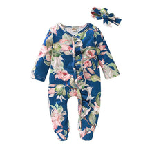 将图片加载到图库查看器，Modern Interesting Luxury Floral Newborn Baby Girl Clothes Infant Baby Girl Footed Full Sleeve Outfit Romper Jumpsuit With Big Bow In Modern Design
