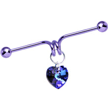 Load image into Gallery viewer, Purple Heart Dangle Industrial Barbell Made with Crystals 40mm
