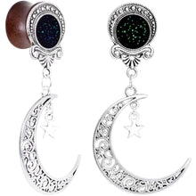 Load image into Gallery viewer, Handmade Beechwood Dark Crescent Moon Dangle Saddle Plug Set Sizes 8mm to 20mm
