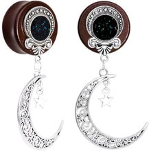 Load image into Gallery viewer, Handmade Beechwood Dark Crescent Moon Dangle Saddle Plug Set Sizes 8mm to 20mm
