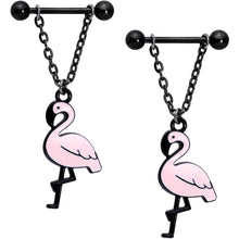 Load image into Gallery viewer, Handcrafted Black Pink Flamingo Dangle Barbell Nipple Ring Set
