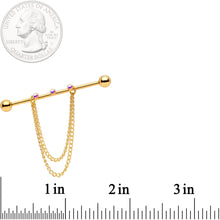 Load image into Gallery viewer, 14G Handmade Aurora Gem Gold Tone Chain Dangle Industrial Barbell
