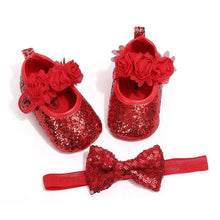 Load image into Gallery viewer, Cute Sparkly Baby Bowknot Non-Slip Sole Baby Girls Shoes Newborn Princess First Walkers Hairband Baby Party Shoes
