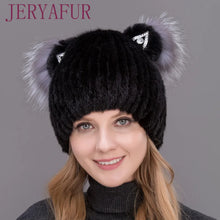 Load image into Gallery viewer, JERYAFUR Winter Women's Mink Hat Vertical Weaving Hat Genuine Natural Fox Mink Fur Cap Lovely Cat Ears Style Hats
