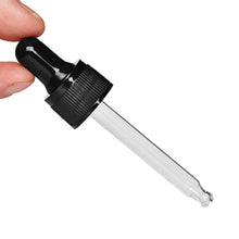 将图片加载到图库查看器，18-410 glass dropper black/white ribbed skirt plastic/aluminum Cap assembly with rubber bulb and glass pipette X10
