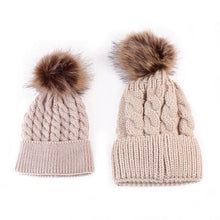将图片加载到图库查看器，2Pcs Modern Mother &amp; Baby Child Warm Winter Beanie Fur Pom Hat Crochet Ski Cap For Winter
