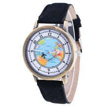 将图片加载到图库查看器，Fashion Casual Watches Women Casual Wristwatch Personality World Map With Airplane Pattern Cowboy Band Quartz Watch For Woman  and Girls
