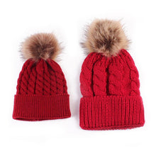 将图片加载到图库查看器，2Pcs Modern Mother &amp; Baby Child Warm Winter Beanie Fur Pom Hat Crochet Ski Cap For Winter
